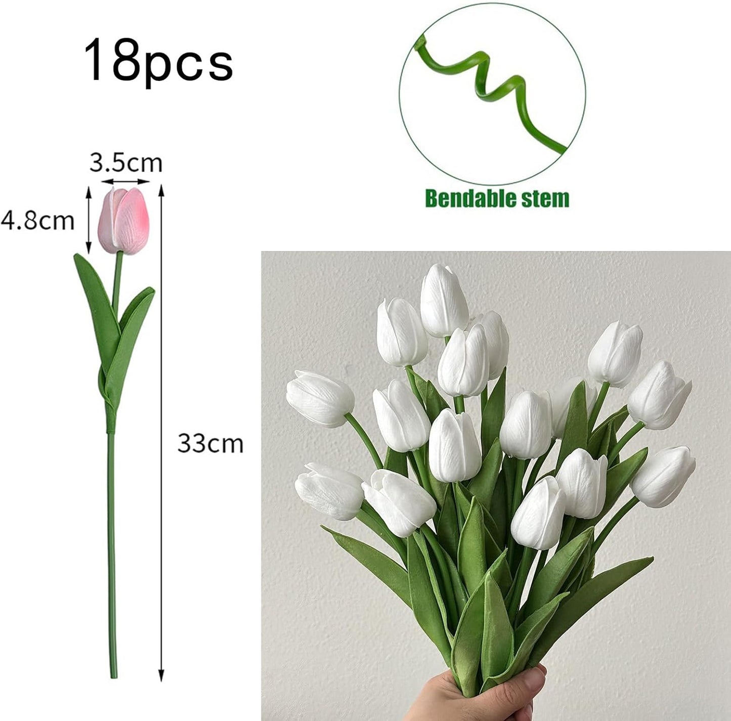 18pcs Artificial Tulips 13" PU Fake Flower Bouquet | Light Pink Tulips with PU Petals & Wire Stem. Ideal for Bedroom, Nursery, Photo Props, Gifts, DIY Flower Arrangement