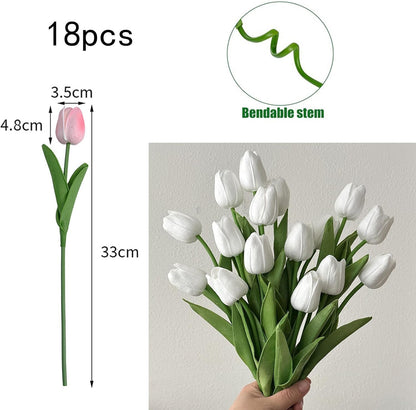 18pcs Artificial Tulips 13" PU Fake Flower Bouquet | Light Pink Tulips with PU Petals & Wire Stem. Ideal for Bedroom, Nursery, Photo Props, Gifts, DIY Flower Arrangement