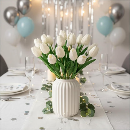 18pcs Artificial Tulips 13" PU Fake Flower Bouquet | Light Pink Tulips with PU Petals & Wire Stem. Ideal for Bedroom, Nursery, Photo Props, Gifts, DIY Flower Arrangement