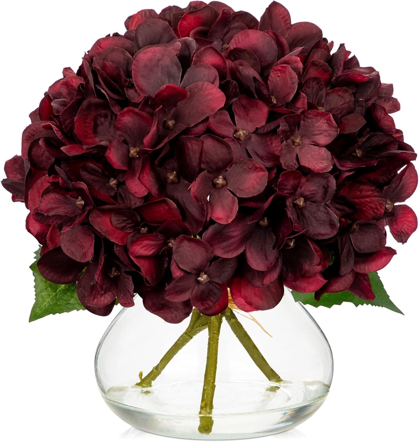 Hydrangea Artificial Flowers with Vase White Silk Fake Flowers Arrangements in Glass Vase with Faux Water for Home Bathroom Office Table Centerpiece Shelf Decorations