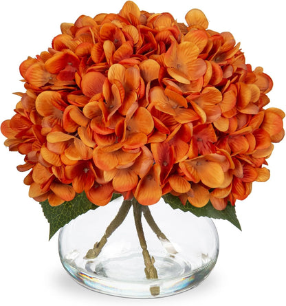 Hydrangea Artificial Flowers with Vase White Silk Fake Flowers Arrangements in Glass Vase with Faux Water for Home Bathroom Office Table Centerpiece Shelf Decorations