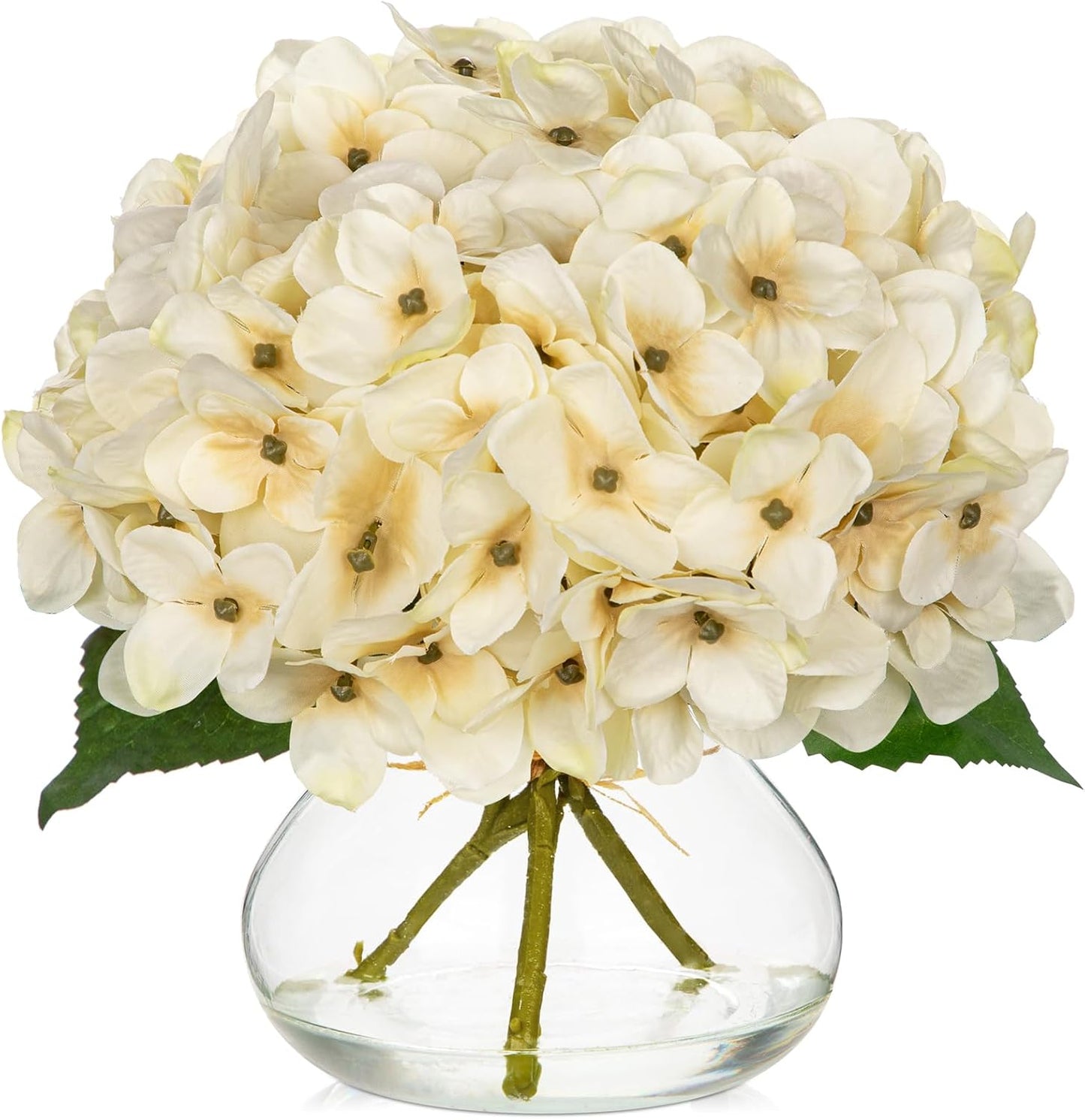 Hydrangea Artificial Flowers with Vase White Silk Fake Flowers Arrangements in Glass Vase with Faux Water for Home Bathroom Office Table Centerpiece Shelf Decorations