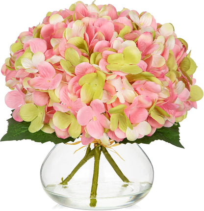 Hydrangea Artificial Flowers with Vase White Silk Fake Flowers Arrangements in Glass Vase with Faux Water for Home Bathroom Office Table Centerpiece Shelf Decorations