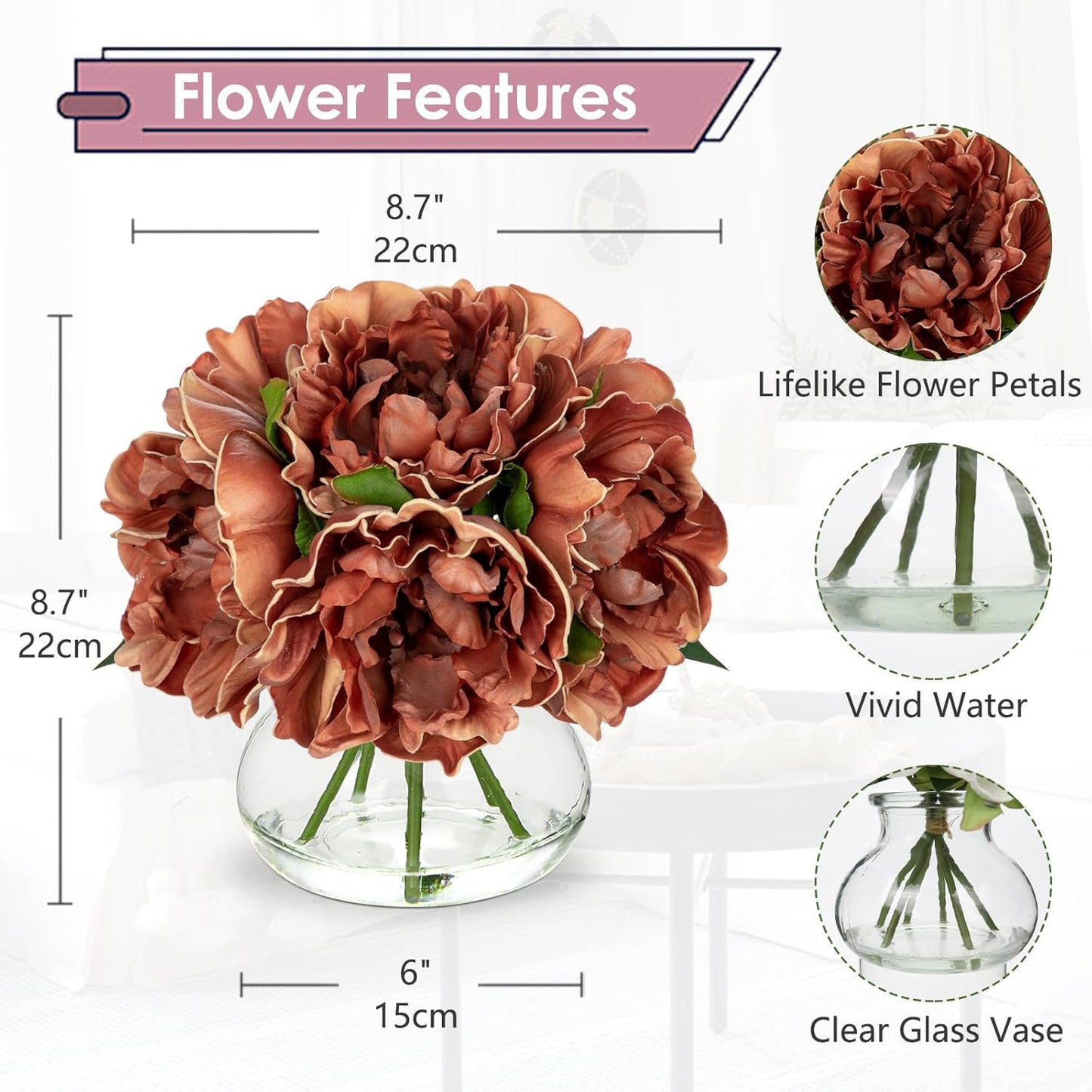 Hydrangea Artificial Flowers with Vase White Silk Fake Flowers Arrangements in Glass Vase with Faux Water for Home Bathroom Office Table Centerpiece Shelf Decorations