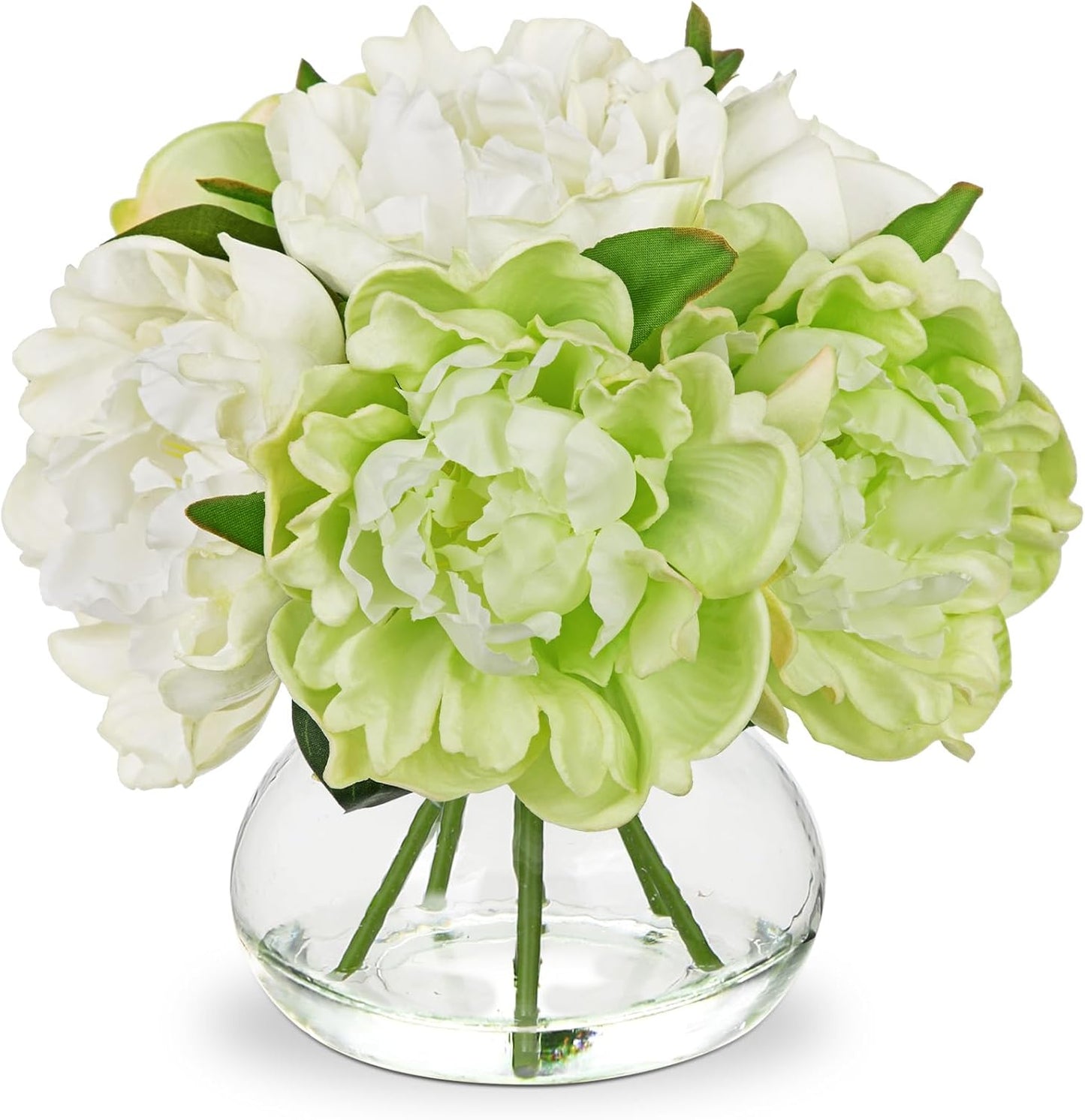 Hydrangea Artificial Flowers with Vase White Silk Fake Flowers Arrangements in Glass Vase with Faux Water for Home Bathroom Office Table Centerpiece Shelf Decorations