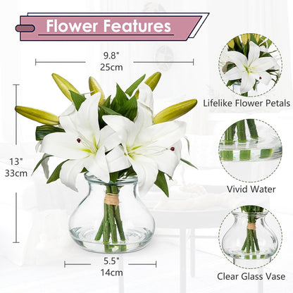 Hydrangea Artificial Flowers with Vase White Silk Fake Flowers Arrangements in Glass Vase with Faux Water for Home Bathroom Office Table Centerpiece Shelf Decorations