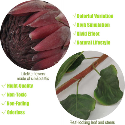 4pcs Artificial Protea Flower Buds,26 Inch Super Long Stem Faux Protea Artificial Flower Bud, Silk Protea Bud for Home Decor Centerpiece Crafts Wedding Bouquet,Dark Red