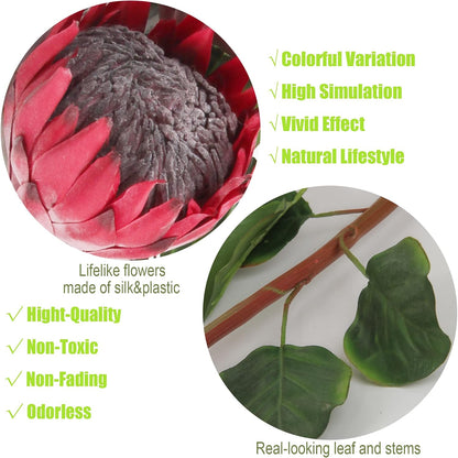 4pcs Artificial Protea Flower Buds,26 Inch Super Long Stem Faux Protea Artificial Flower Bud, Silk Protea Bud for Home Decor Centerpiece Crafts Wedding Bouquet,Dark Red