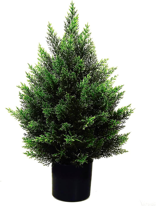 2FT Artificial Topiary Tree Beautiful Realistic Faux Cedar Pines Christmas Trees UV Rated Fake Shrubs for Front Porch Faux Plants Indoor and Outdoor Decor（2 Pack）