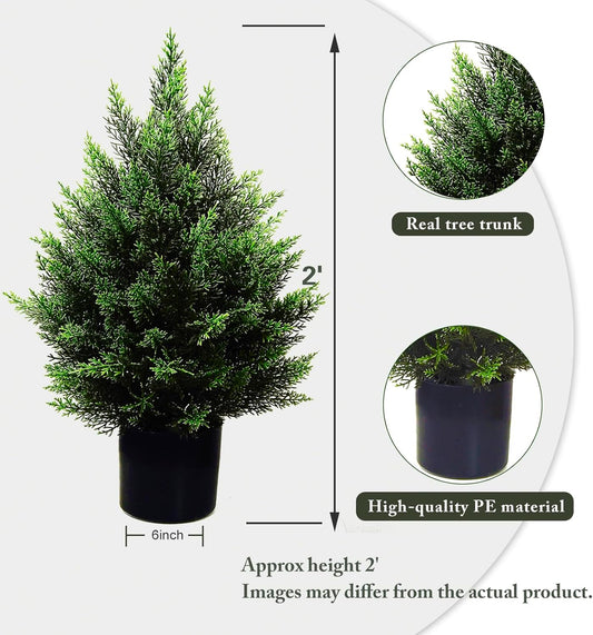 2FT Artificial Topiary Tree Beautiful Realistic Faux Cedar Pines Christmas Trees UV Rated Fake Shrubs for Front Porch Faux Plants Indoor and Outdoor Decor（2 Pack）