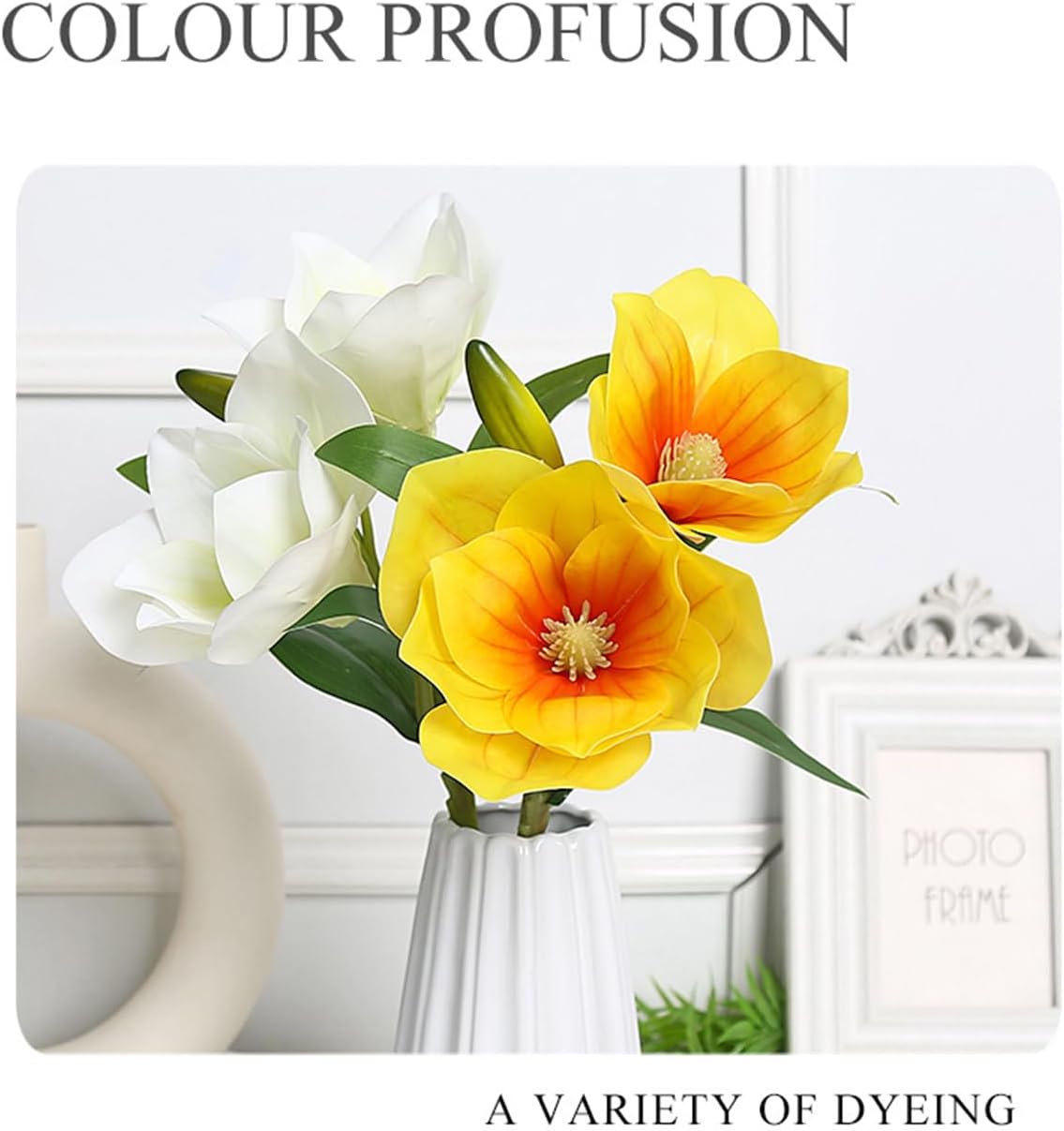 Artificial Magnolia Flower Stems 5PCS Pink & Green | Faux Half-Bloom Magnolia Branches for Home Vase Decor (Not Included Vase)