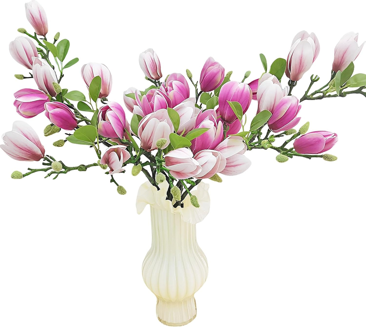 Artificial Magnolia Flower Stems 5PCS Pink & Green | Faux Half-Bloom Magnolia Branches for Home Vase Decor (Not Included Vase)