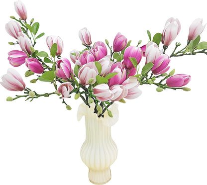 Artificial Magnolia Flower Stems 5PCS Pink & Green | Faux Half-Bloom Magnolia Branches for Home Vase Decor (Not Included Vase)