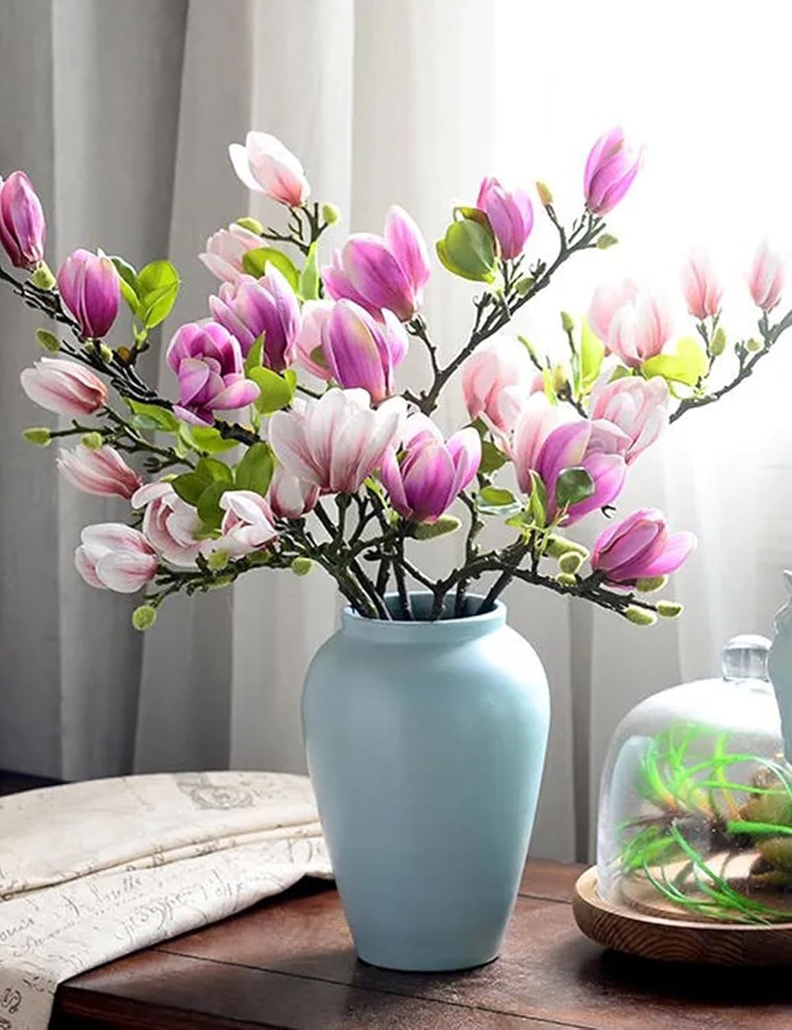 Artificial Magnolia Flower Stems 5PCS Pink & Green | Faux Half-Bloom Magnolia Branches for Home Vase Decor (Not Included Vase)