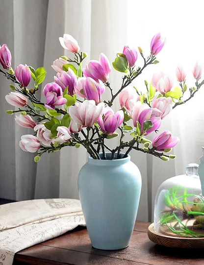 Artificial Magnolia Flower Stems 5PCS Pink & Green | Faux Half-Bloom Magnolia Branches for Home Vase Decor (Not Included Vase)
