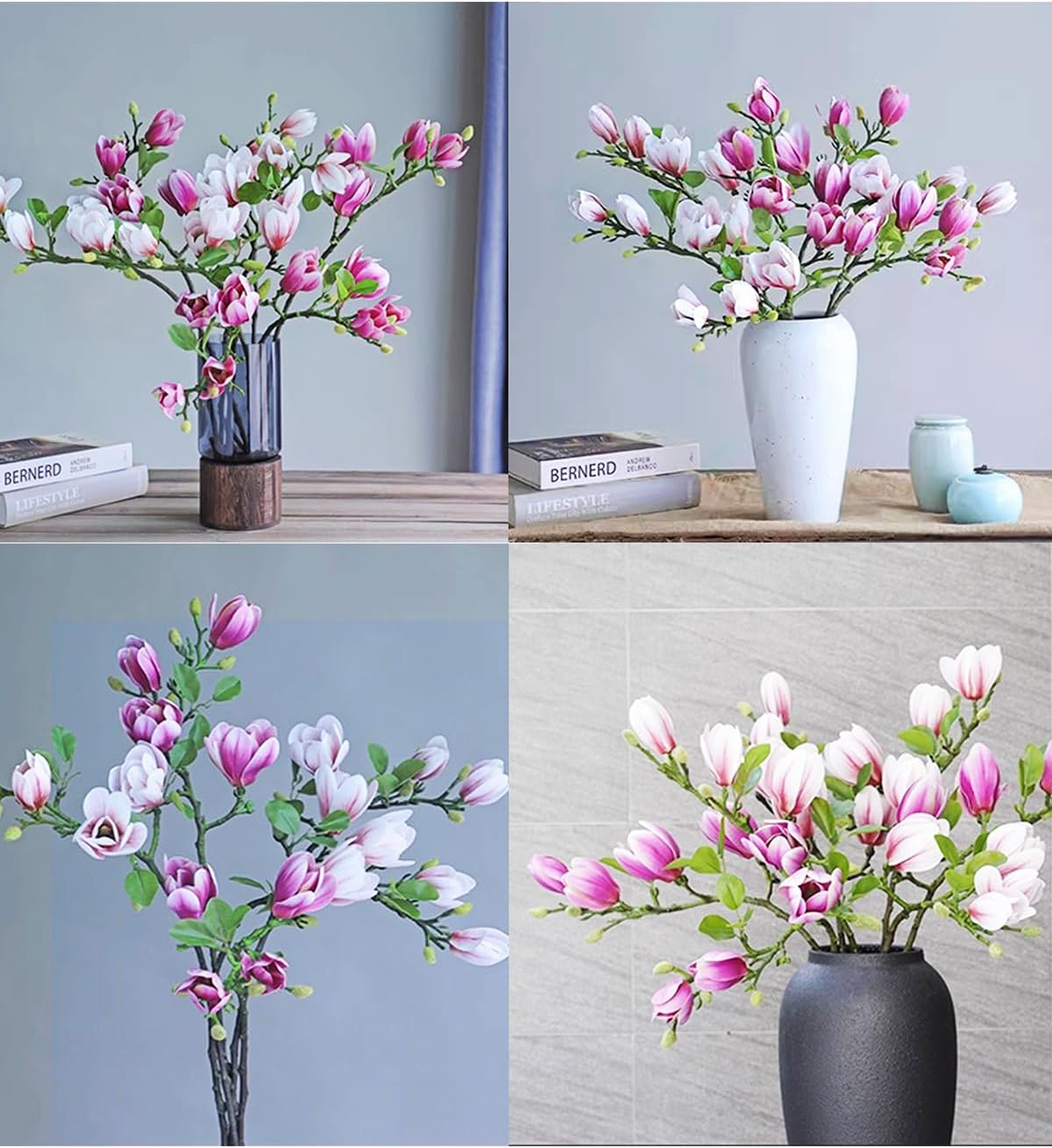 Artificial Magnolia Flower Stems 5PCS Pink & Green | Faux Half-Bloom Magnolia Branches for Home Vase Decor (Not Included Vase)