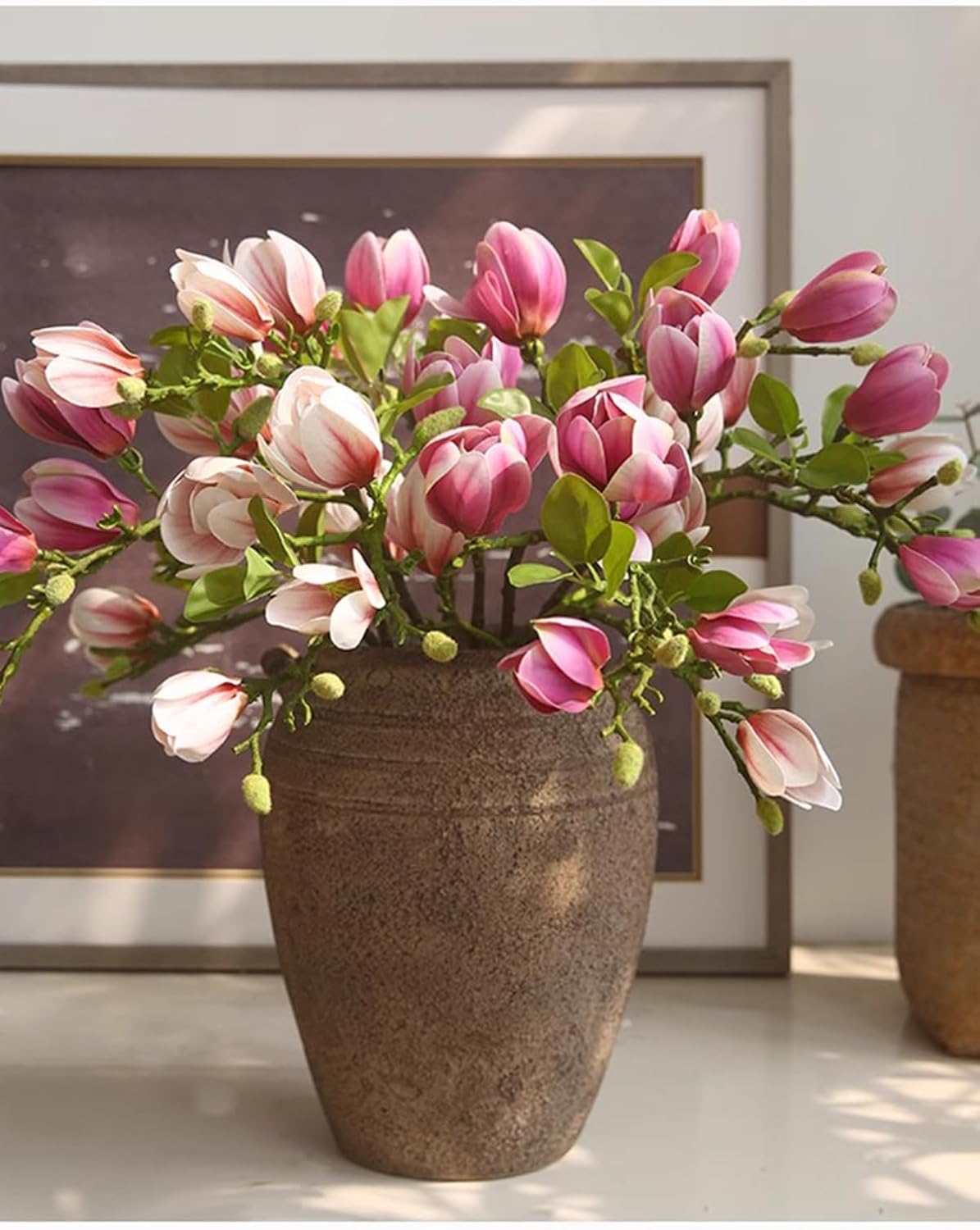 Artificial Magnolia Flower Stems 5PCS Pink & Green | Faux Half-Bloom Magnolia Branches for Home Vase Decor (Not Included Vase)
