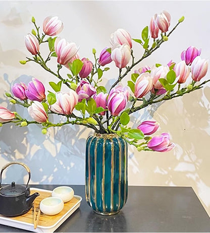 Artificial Magnolia Flower Stems 5PCS Pink & Green | Faux Half-Bloom Magnolia Branches for Home Vase Decor (Not Included Vase)