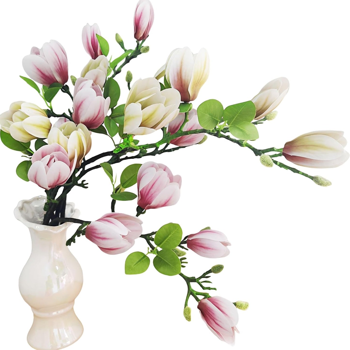 Artificial Magnolia Flower Stems 5PCS Pink & Green | Faux Half-Bloom Magnolia Branches for Home Vase Decor (Not Included Vase)