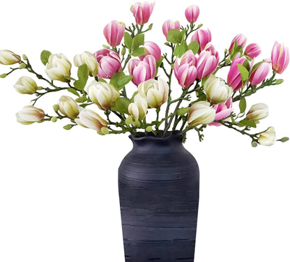 Artificial Magnolia Flower Stems 5PCS Pink & Green | Faux Half-Bloom Magnolia Branches for Home Vase Decor (Not Included Vase)