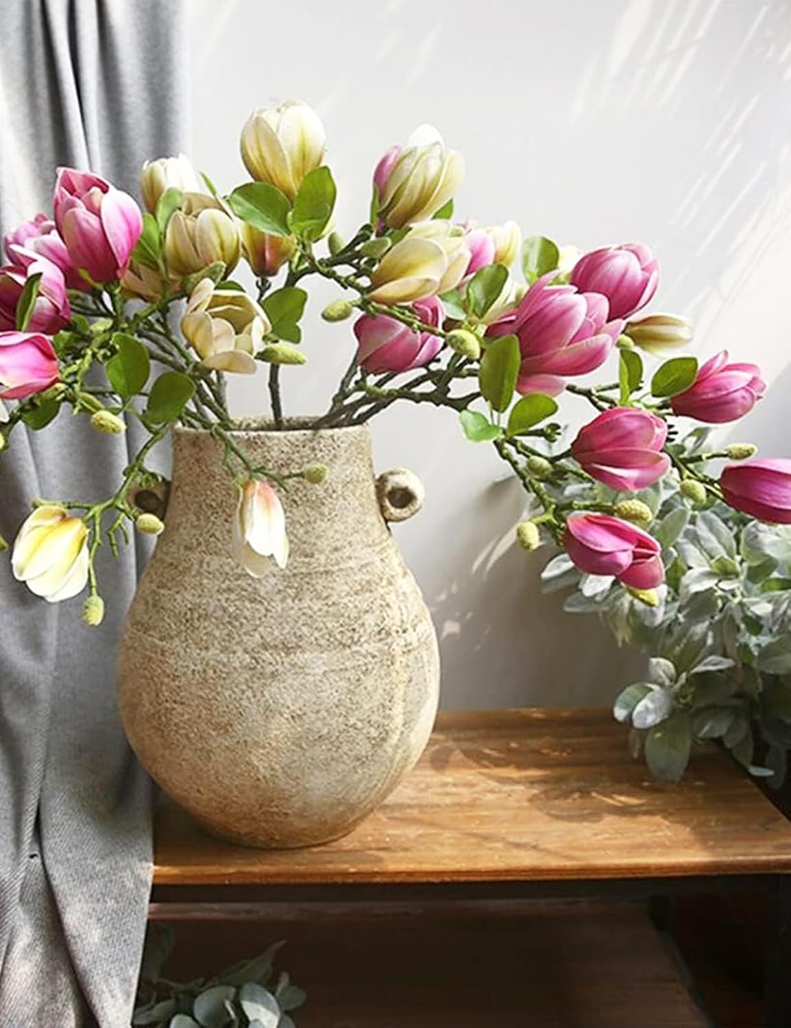 Artificial Magnolia Flower Stems 5PCS Pink & Green | Faux Half-Bloom Magnolia Branches for Home Vase Decor (Not Included Vase)