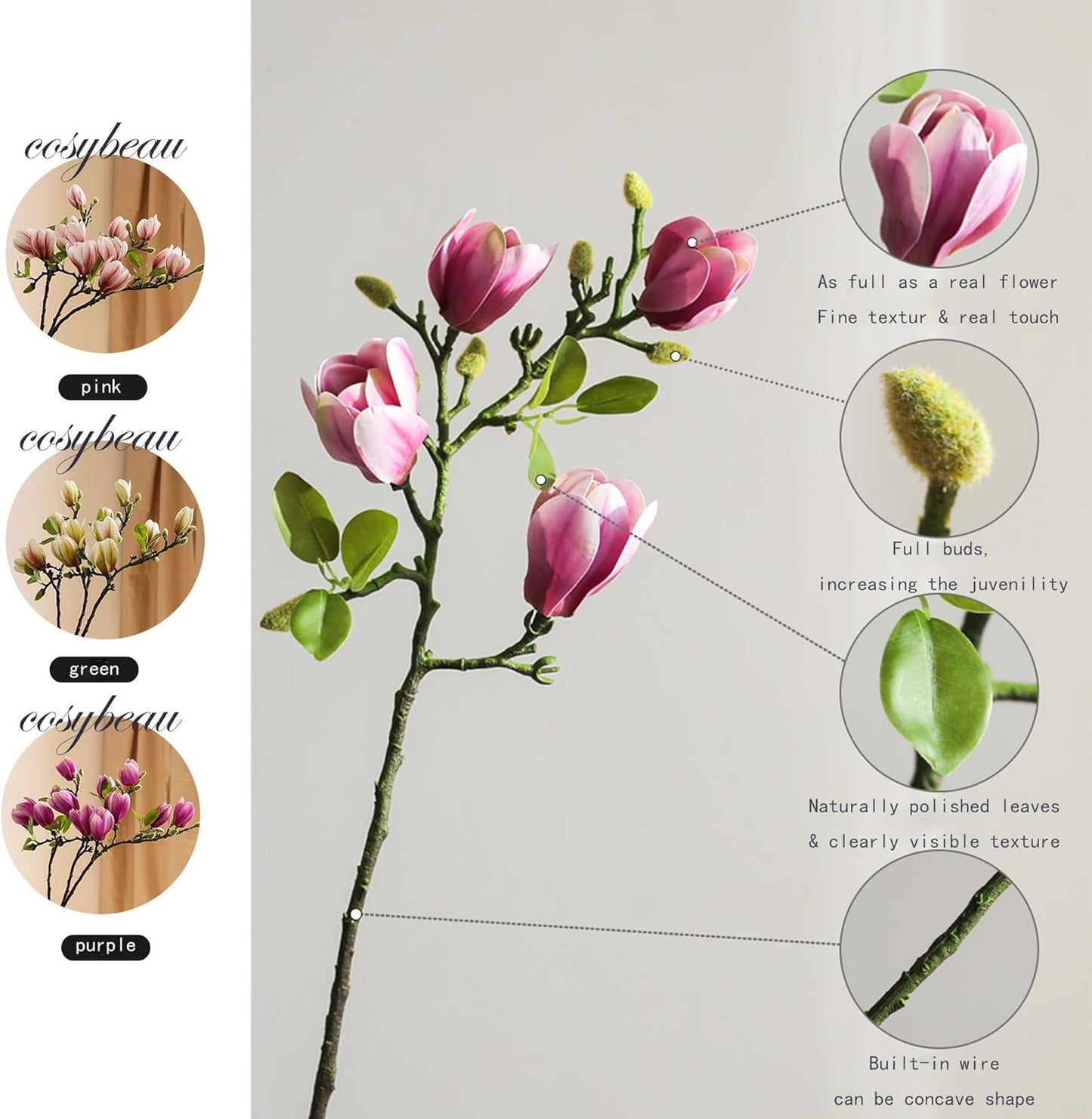 Artificial Magnolia Flower Stems 5PCS Pink & Green | Faux Half-Bloom Magnolia Branches for Home Vase Decor (Not Included Vase)