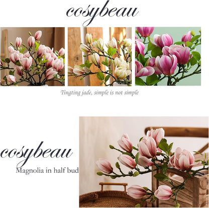 Artificial Magnolia Flower Stems 5PCS Pink & Green | Faux Half-Bloom Magnolia Branches for Home Vase Decor (Not Included Vase)
