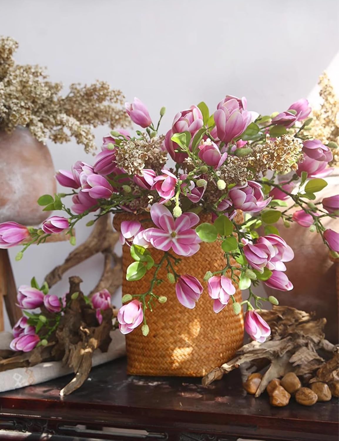 Artificial Magnolia Flower Stems 5PCS Pink & Green | Faux Half-Bloom Magnolia Branches for Home Vase Decor (Not Included Vase)