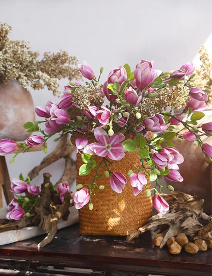 Artificial Magnolia Flower Stems 5PCS Pink & Green | Faux Half-Bloom Magnolia Branches for Home Vase Decor (Not Included Vase)