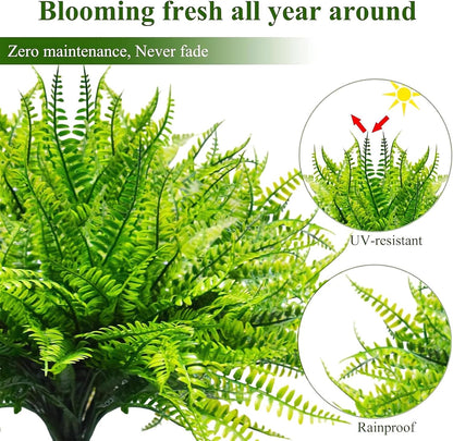 UV Resistant Lifelike Artificial Boston Fern - 2024 New Faux Boston Ferns Outdoor Planter Large, Realistic Fake Feen Hanging Silk Fern Stems Indoor Basket Plant Urn Fillers Front Porch (2, Green)