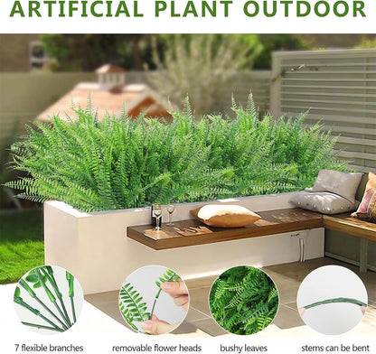 UV Resistant Lifelike Artificial Boston Fern - 2024 New Faux Boston Ferns Outdoor Planter Large, Realistic Fake Feen Hanging Silk Fern Stems Indoor Basket Plant Urn Fillers Front Porch (2, Green)