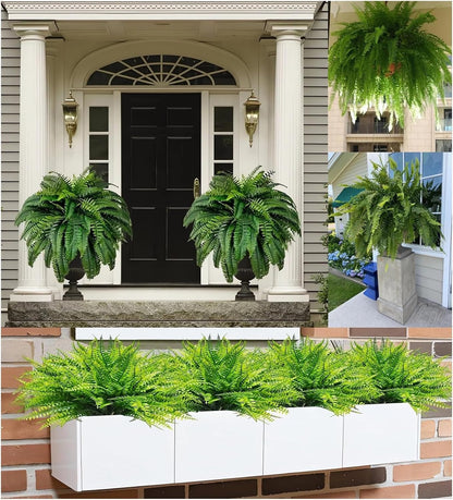 UV Resistant Lifelike Artificial Boston Fern - 2024 New Faux Boston Ferns Outdoor Planter Large, Realistic Fake Feen Hanging Silk Fern Stems Indoor Basket Plant Urn Fillers Front Porch (2, Green)