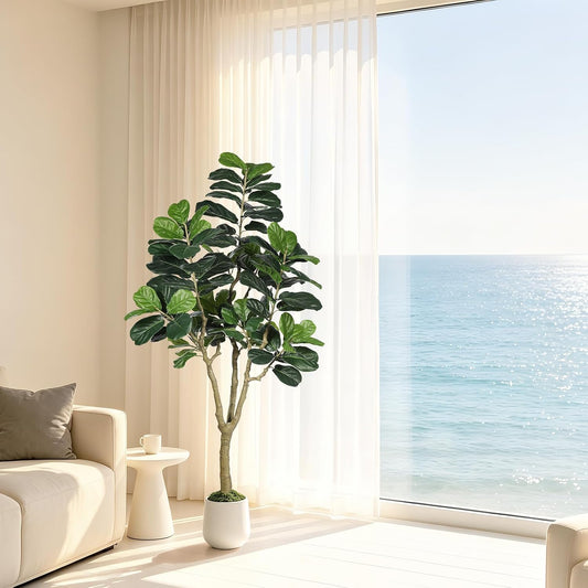 Artificial Fiddle Leaf Fig Tree 6FT for Faux Plants Indoor Home Green Decor | Faux Ficus Lyrata Tree Floor Plants with White Planter 35g Moss Fake Real Bark Design for Home Office Living Room Gift