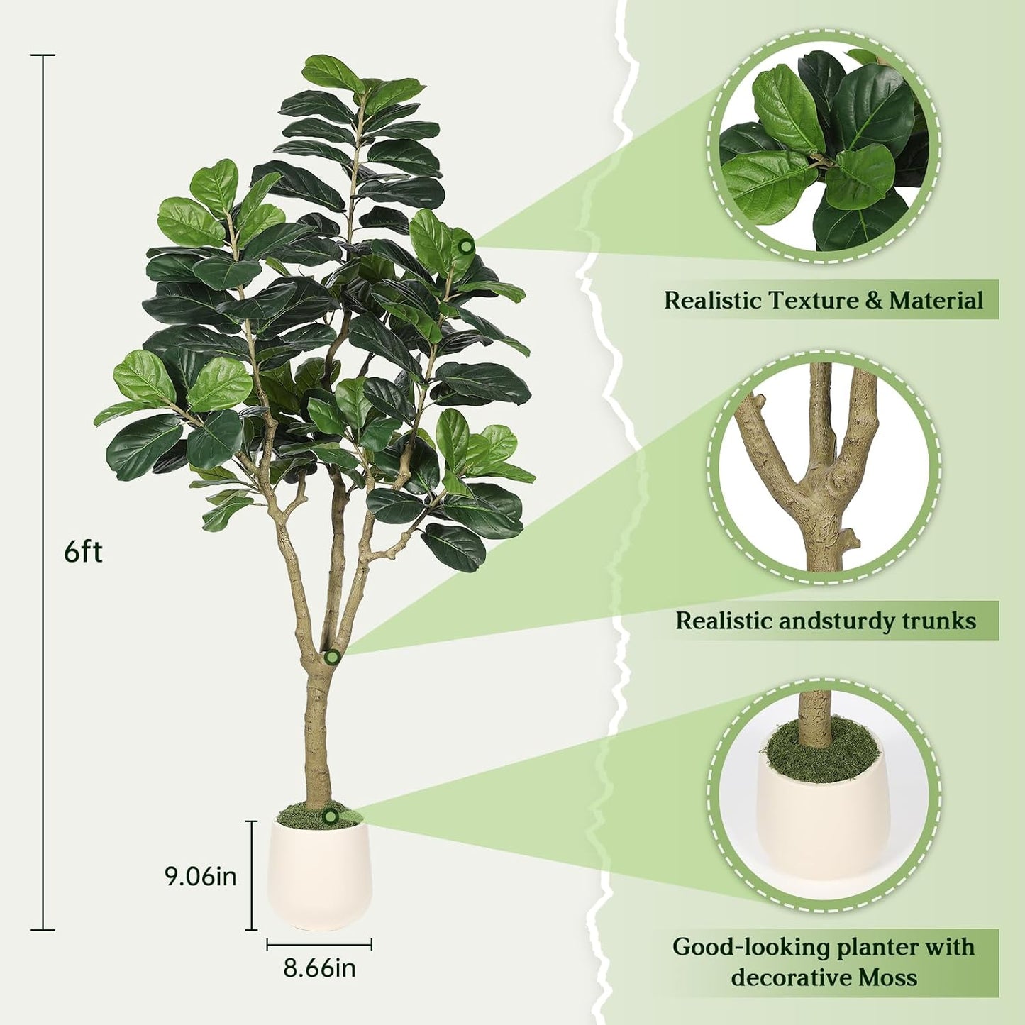 Artificial Fiddle Leaf Fig Tree 6FT for Faux Plants Indoor Home Green Decor | Faux Ficus Lyrata Tree Floor Plants with White Planter 35g Moss Fake Real Bark Design for Home Office Living Room Gift