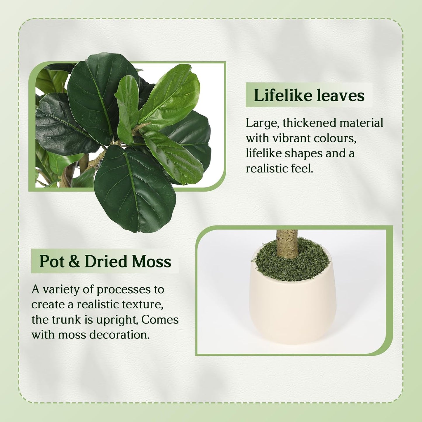 Artificial Fiddle Leaf Fig Tree 6FT for Faux Plants Indoor Home Green Decor | Faux Ficus Lyrata Tree Floor Plants with White Planter 35g Moss Fake Real Bark Design for Home Office Living Room Gift