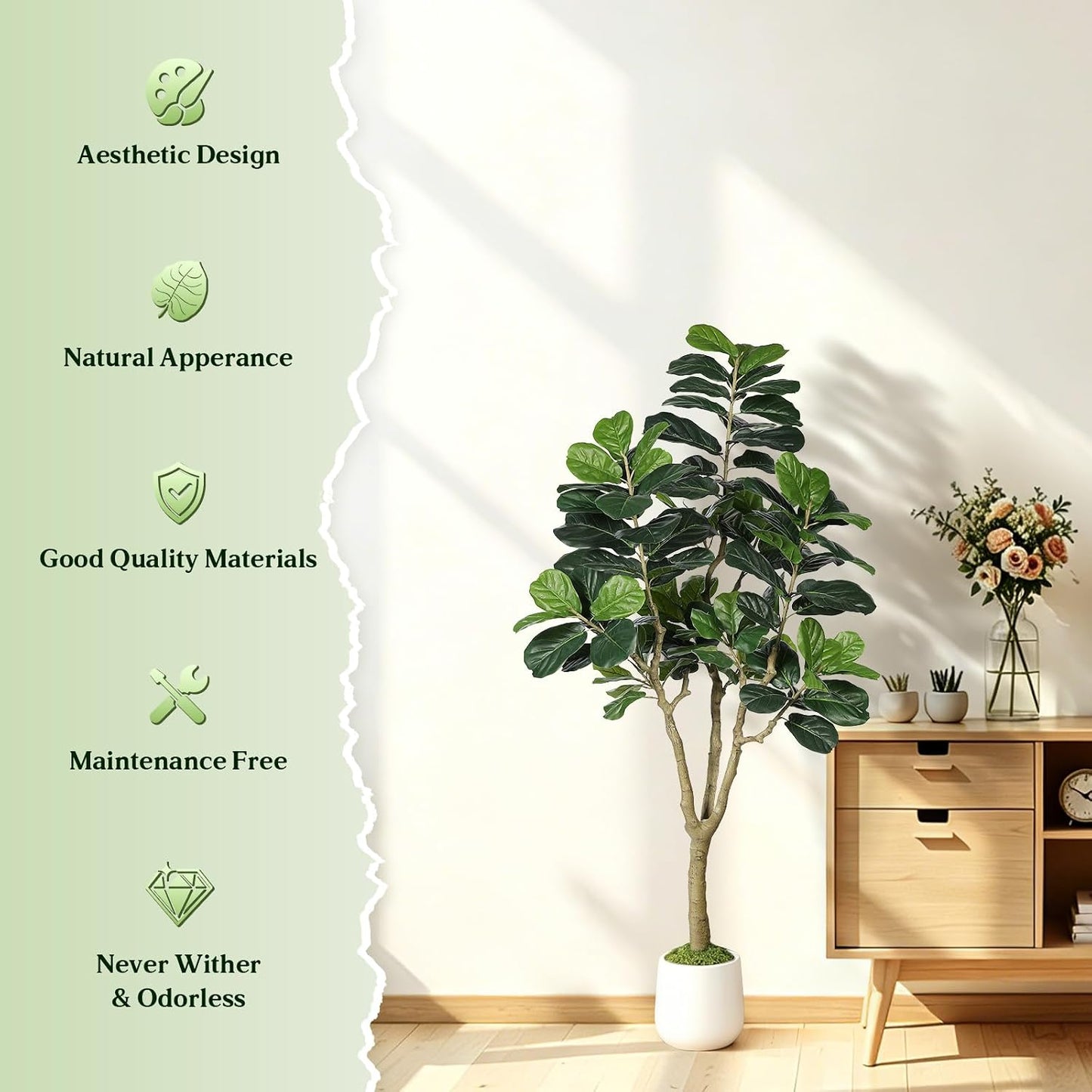 Artificial Fiddle Leaf Fig Tree 6FT for Faux Plants Indoor Home Green Decor | Faux Ficus Lyrata Tree Floor Plants with White Planter 35g Moss Fake Real Bark Design for Home Office Living Room Gift