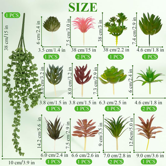 16 Pcs Artificial Succulents Plants Faux Plastic Succulents Assortment in Green & Colorful Tones for DIY Crafts, Floral Walls, Home, Garden, Office Decor, Party & Cake Decorations