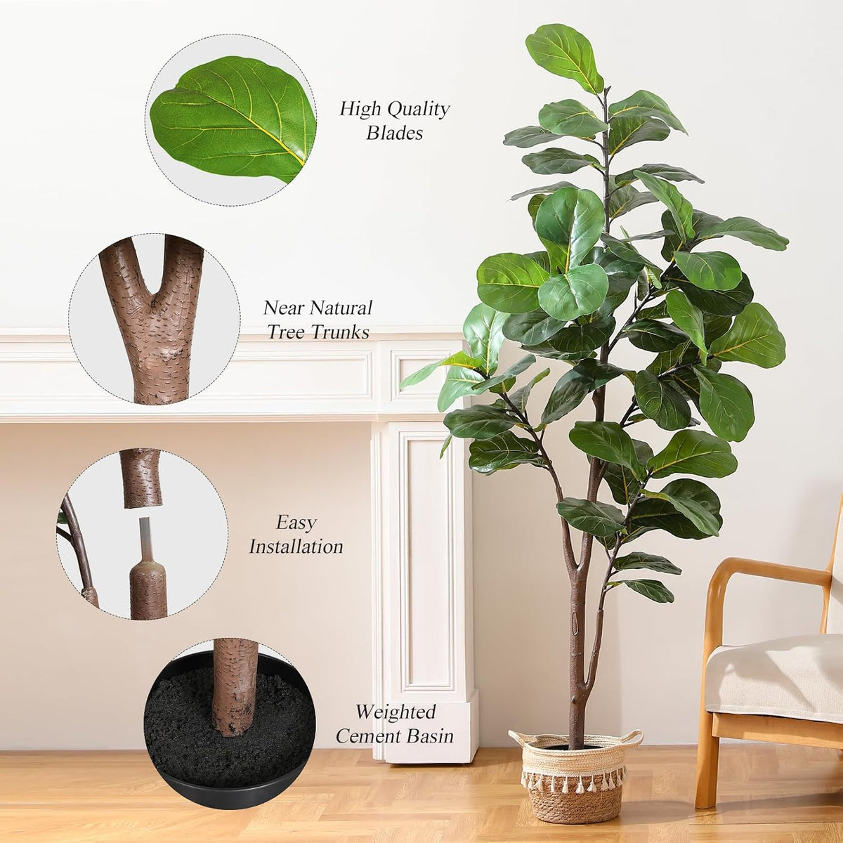 Pertivery Artificial Fiddle Leaf Fig Tree 6ft, Large Faux Plant Fake Ficus lyrata Silk Trees with Pot for Indoor Outdoor House Living Room Office Home Decor
