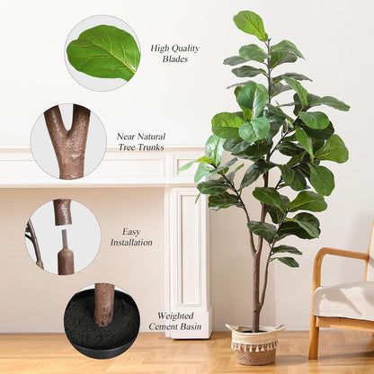 Pertivery Artificial Fiddle Leaf Fig Tree 6ft, Large Faux Plant Fake Ficus lyrata Silk Trees with Pot for Indoor Outdoor House Living Room Office Home Decor