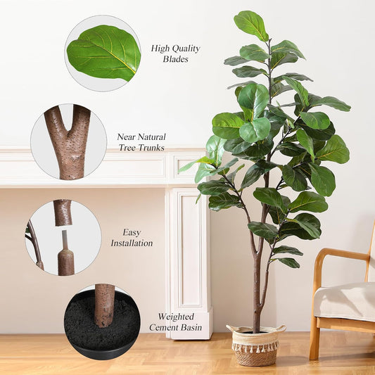 Pertivery Artificial Fiddle Leaf Fig Tree 6ft, Large Faux Plant Fake Ficus lyrata Silk Trees with Pot for Indoor Outdoor House Living Room Office Home Decor