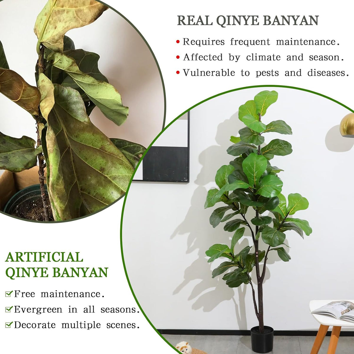 Pertivery Artificial Fiddle Leaf Fig Tree 6ft, Large Faux Plant Fake Ficus lyrata Silk Trees with Pot for Indoor Outdoor House Living Room Office Home Decor