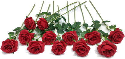12 pcs Artificial Red Roses Flowers Long Stem Fake Silk Rose for Home Wendding Decorations(Red)