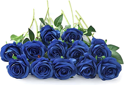12 pcs Artificial Red Roses Flowers Long Stem Fake Silk Rose for Home Wendding Decorations(Red)