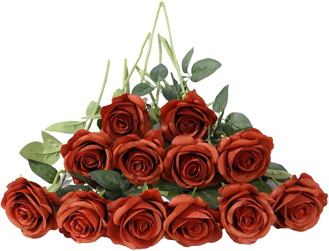12 pcs Artificial Red Roses Flowers Long Stem Fake Silk Rose for Home Wendding Decorations(Red)