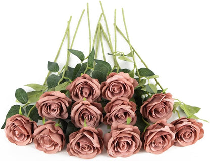12 pcs Artificial Red Roses Flowers Long Stem Fake Silk Rose for Home Wendding Decorations(Red)