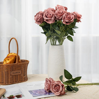 12 pcs Artificial Red Roses Flowers Long Stem Fake Silk Rose for Home Wendding Decorations(Red)