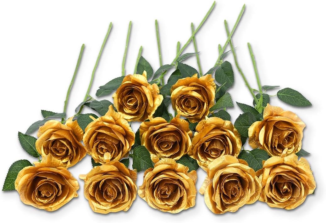 12 pcs Artificial Red Roses Flowers Long Stem Fake Silk Rose for Home Wendding Decorations(Red)