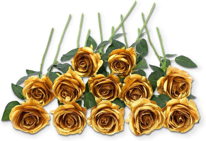 12 pcs Artificial Red Roses Flowers Long Stem Fake Silk Rose for Home Wendding Decorations(Red)