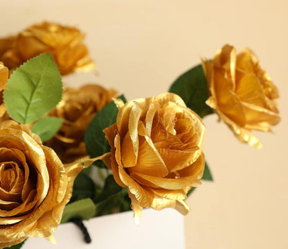 12 pcs Artificial Red Roses Flowers Long Stem Fake Silk Rose for Home Wendding Decorations(Red)