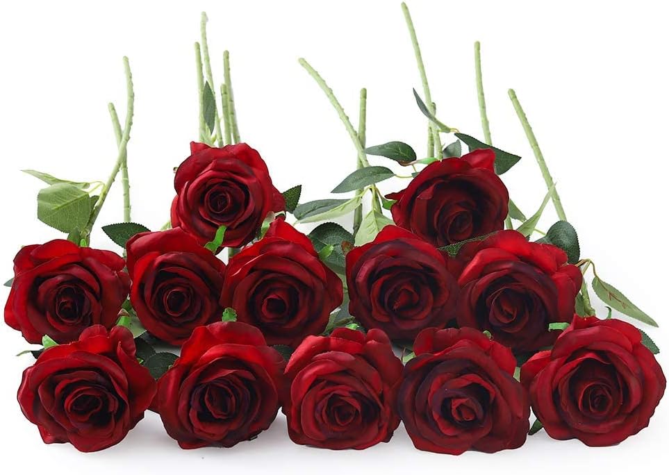 12 pcs Artificial Red Roses Flowers Long Stem Fake Silk Rose for Home Wendding Decorations(Red)